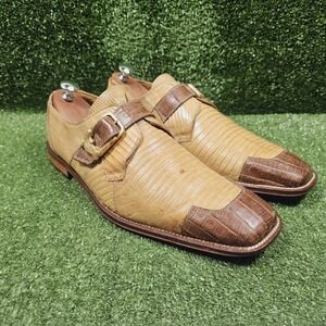 David Eden YUMA Alligator Teja Lizard Monk Strap Brown Loafers Mens Size 12